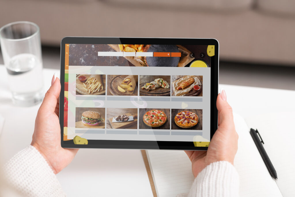 Food Delivery. Unrecognizable Woman Ordering Lunch Online Using Digital Tablet Sitting At Table Indoors. Internet Restaurant Meals Delivering Service Concept. Collage, Cropped