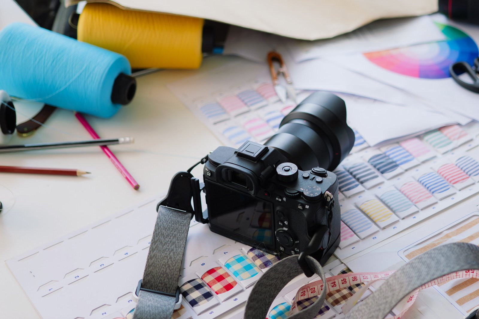 Fashion studio office with fabric and equipment, Stylist designing new clothes collection, Designer business owner, Tailoring business owner, Clothing store owner, Clothes business owner concept. High quality photo